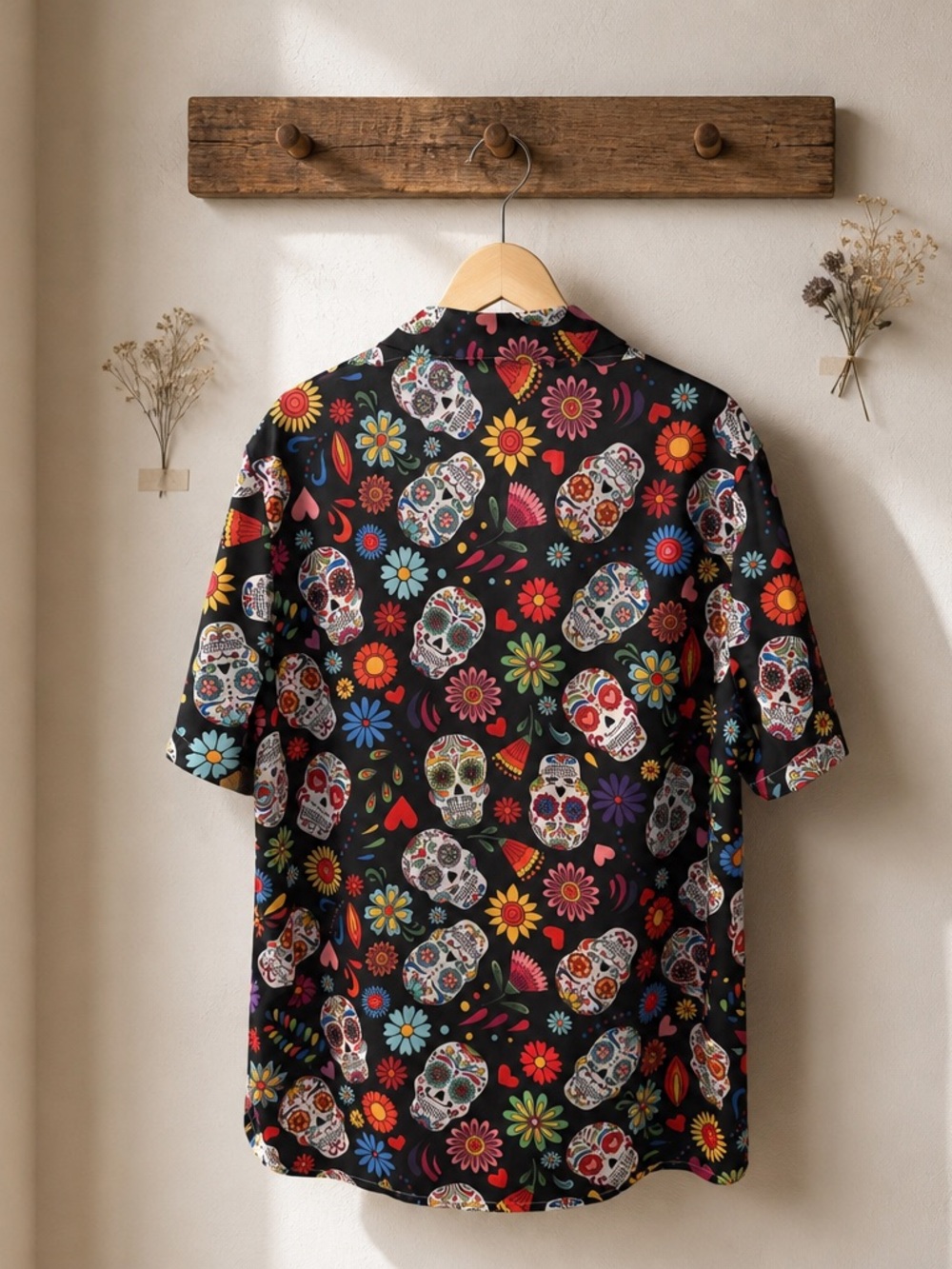 Men's Black Sugar Skull Floral Short Sleeve Button-Down Shirt - Picture 2 of 4